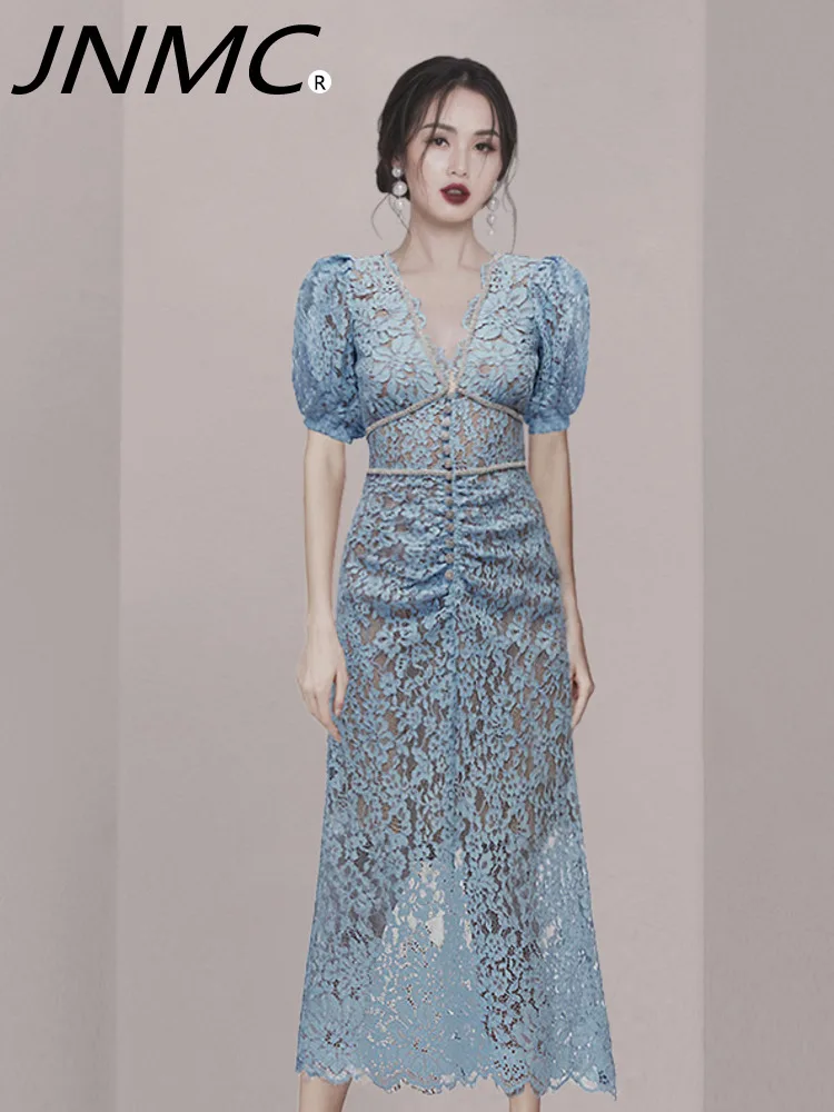 

JNMC Elegant Fashionable Blue Temperament Lace Embroidery Hollowed Out Dress For Women New Spring Summer 2024