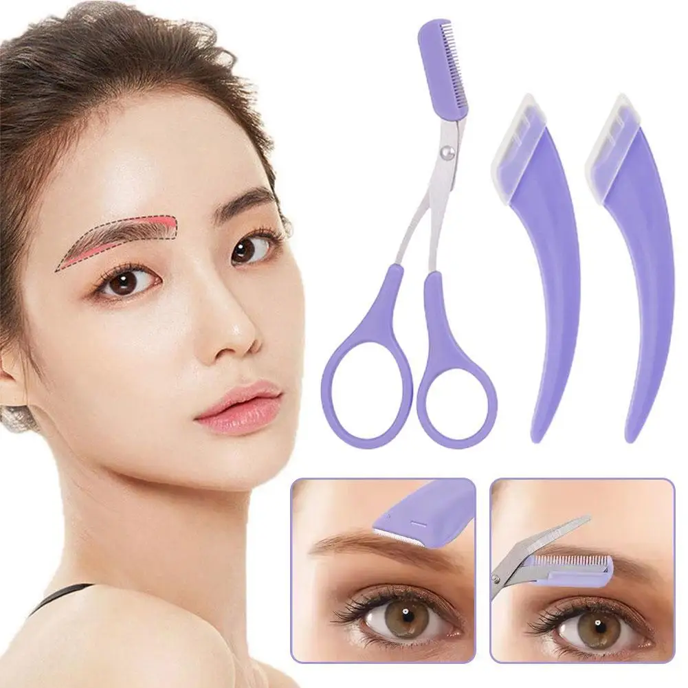 3pcs/set Eyebrow Trimming Knife Razor Kit For Women Eyebrow Scissors With Comb Brow Trimmer Scraper Makeup Tools