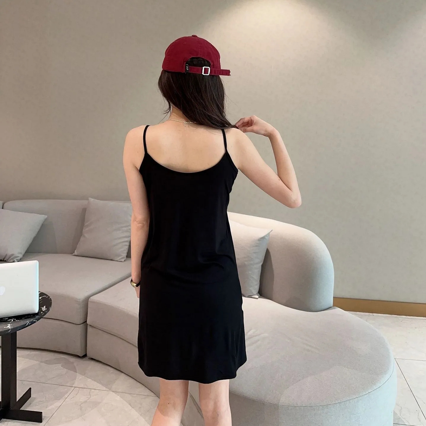 V-Neck Spaghetti Strap Dress Bra Padded Summer women\'s slipdress Solid color Camisole Homewear dresses Comfortable Sleepdress