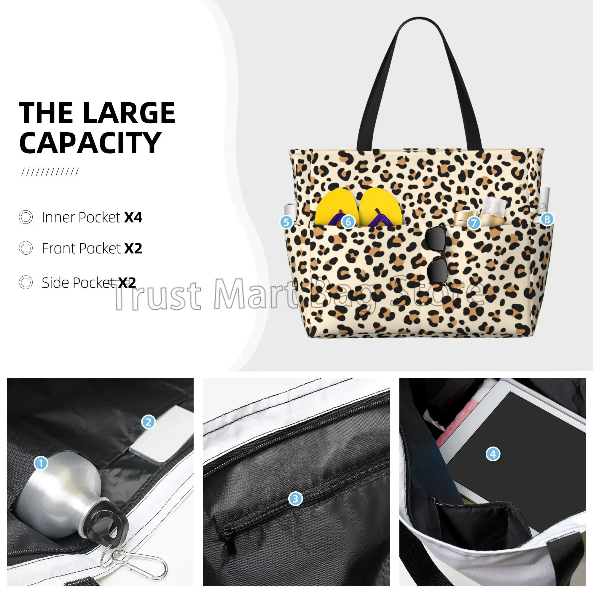 Leopard Print Large Waterproof Beach Bag for Women Sandproof Tote Bag Pool Bag with Zipper and Pockets for Travel Vacation Gym