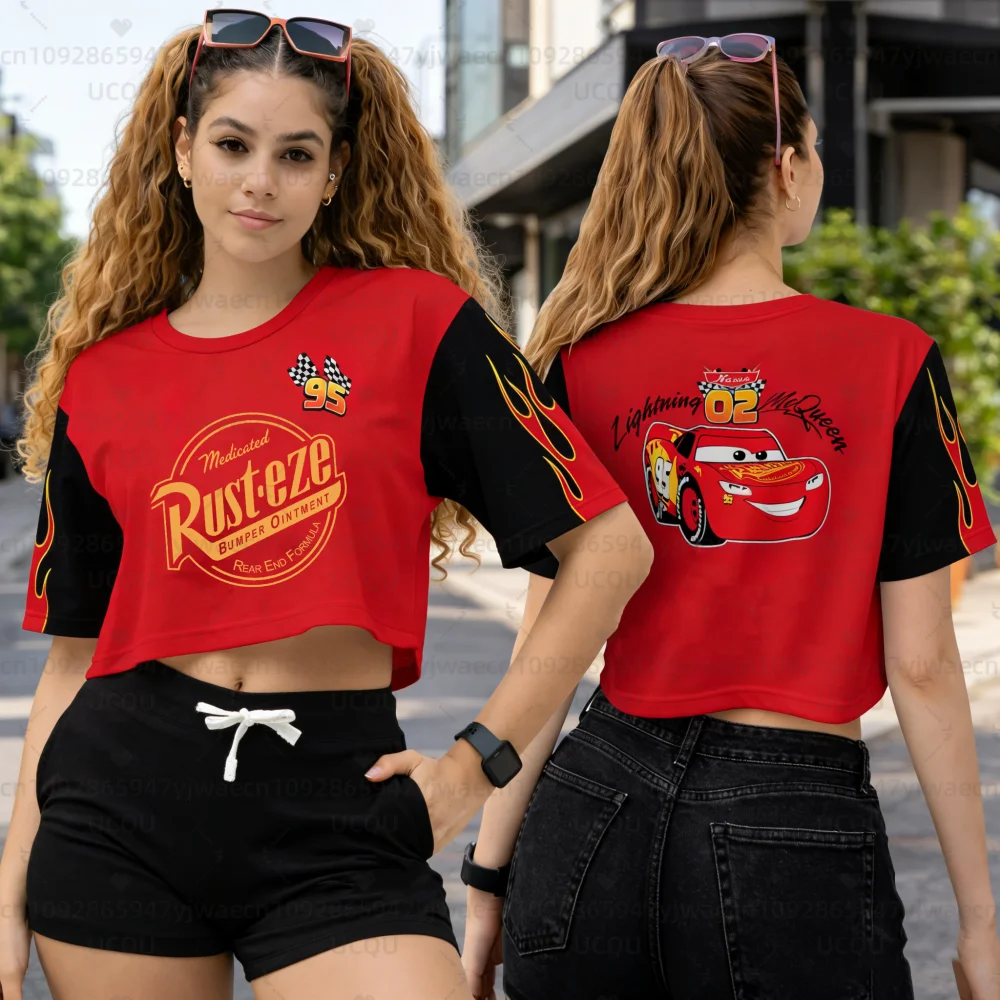 Camiseta Deportiva para Mujer, Estampado de Lightning McQueen, Manga Corta, Camiseta Gráfica de Verano, Top Corto, Camiseta Deportiva de Fútbol