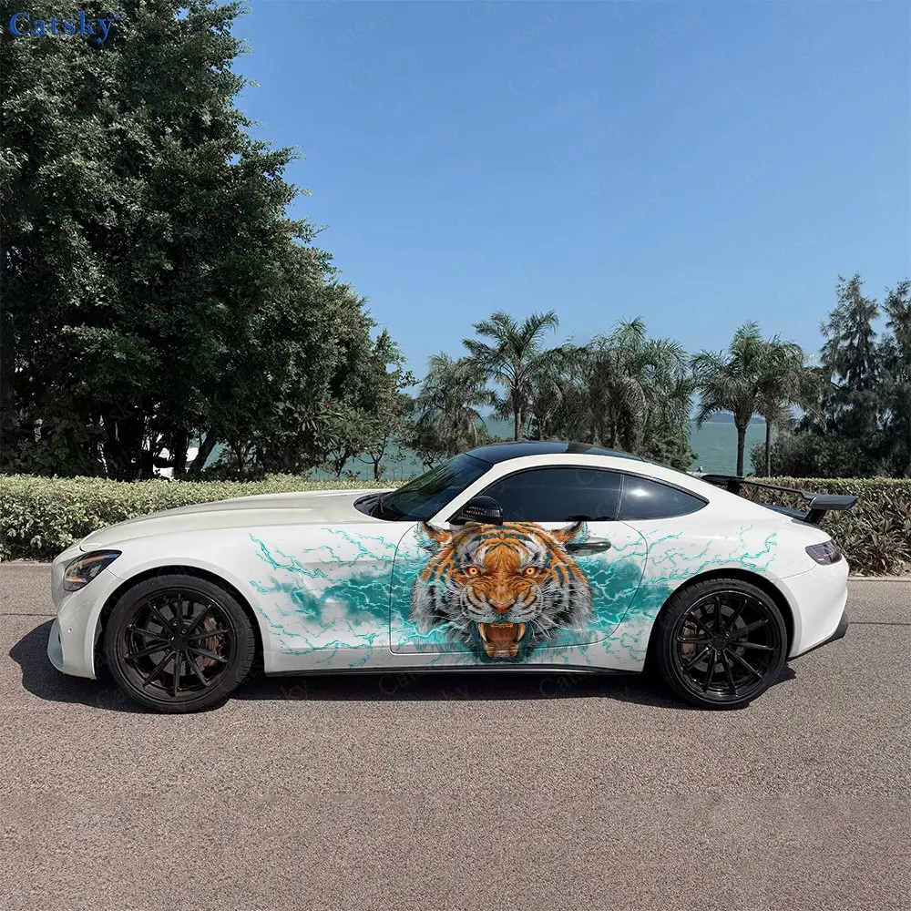 2Pcs Electric Effect Angry Tiger Car Side Wraps, Self-Adhesive PVC Waterproof & Scratch-Resistant Stickers, Car Accessory Gift