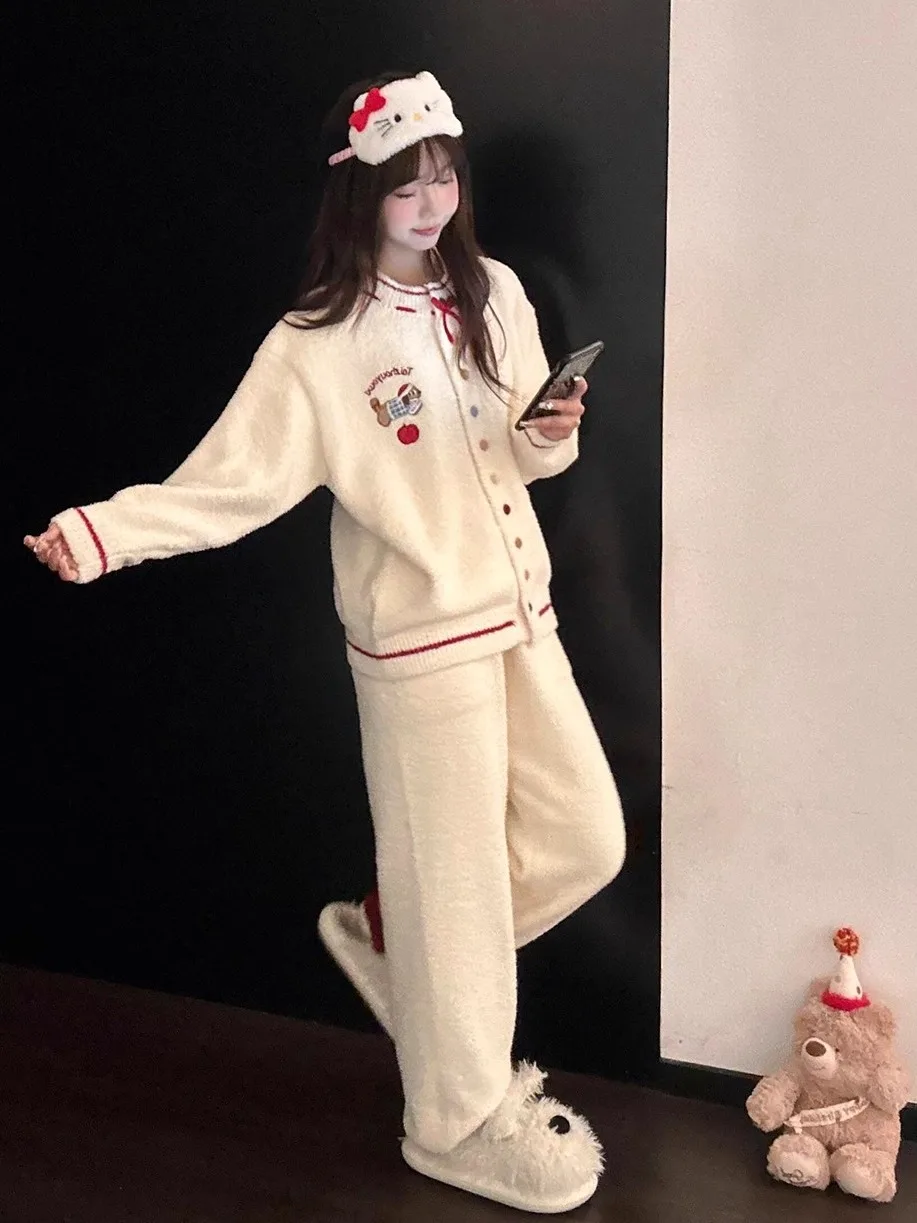 韓国漫画風コーラルフリース厚手冬用寝間着-レディース-オープンカーディガン-ホームウェアセット-長袖長ズボンパジャマ