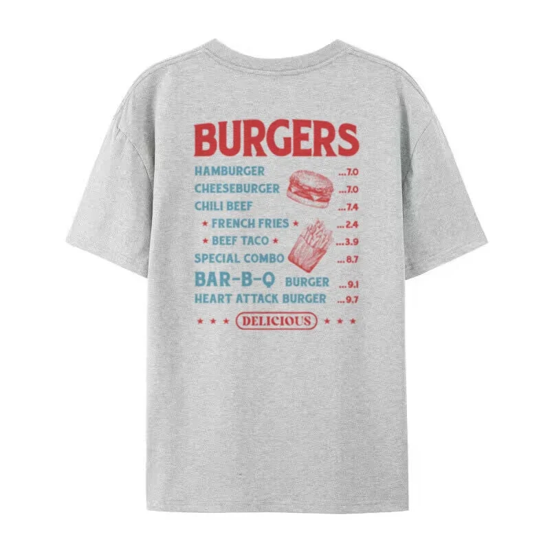 Women 90s Retro Burger Back Print T-Shirt Vintage Grunge Streetwear Graphic Tees Oversized Foodie T Shirt Unisex Fashion Clothes