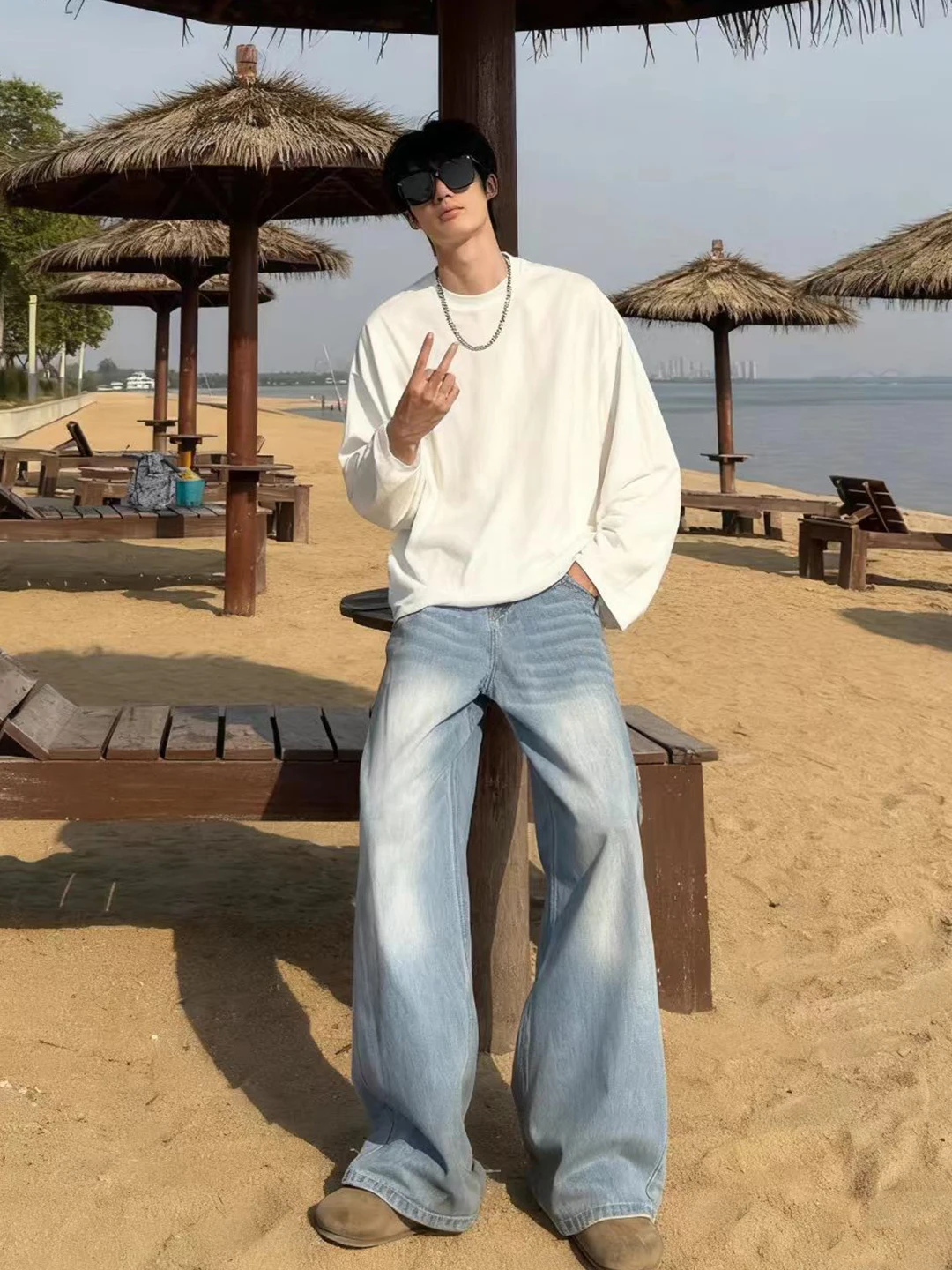 

Light Blue Wide Leg Men's Jeans American Sle Loose Straight Cut Cleanfit Trousers Autumn Wear Casual High Street