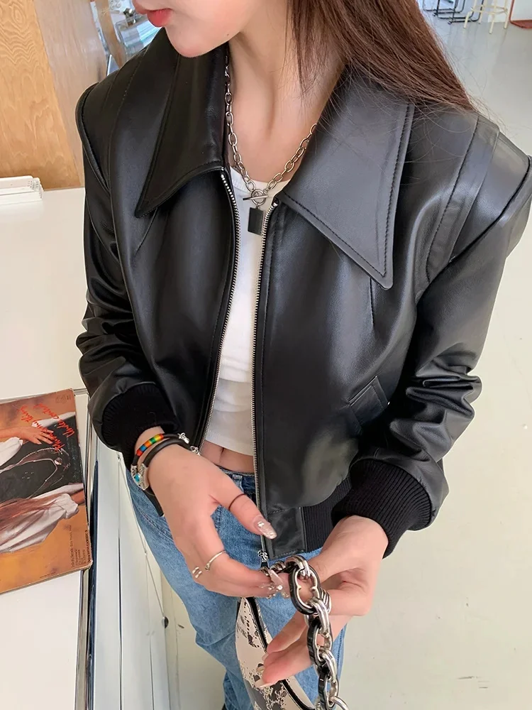 Genuine Black Leather Cropped Bomber Jacket for Women 2024 Trend High-end Vintage Motorcycle Sheepskin Coat Autumn Winter