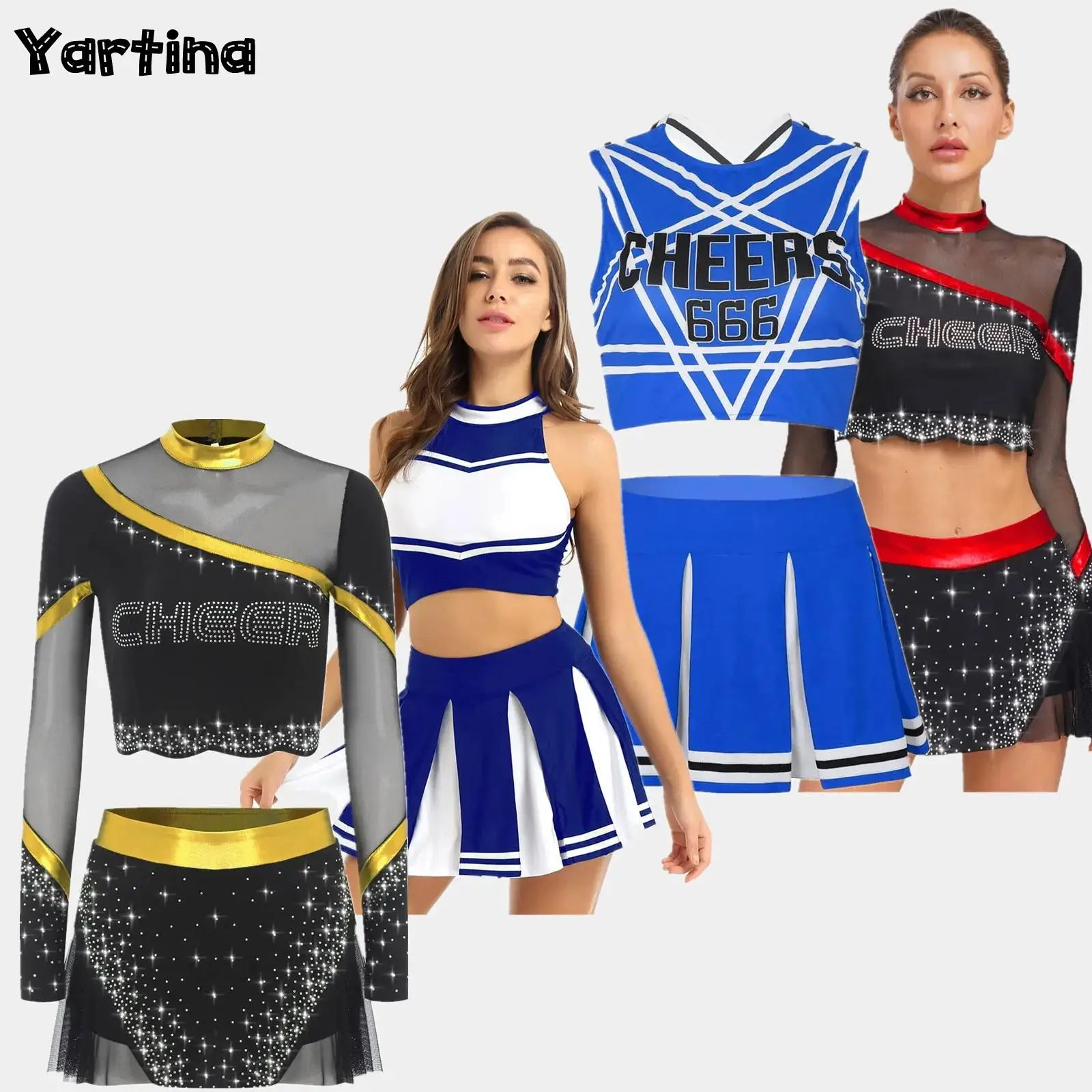 

Women Adult Charming Cheerleading Cosplay Costume Set Cheerleading Uniform Crop Top with Mini Pleated Skirt Cheer Dance Outfits