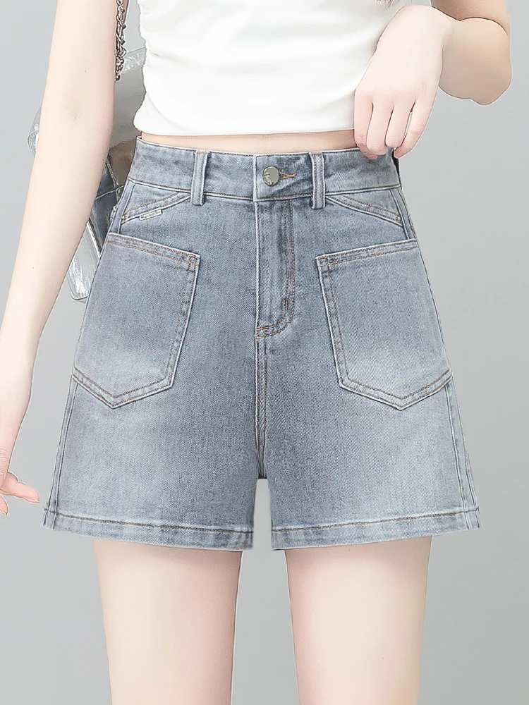 

Женские джинсовые шорты с высокой талией, летние, тонкие, новые, маленькие размеры, свободные, приталенные, А-силуэт, широкие штанины, повседневные, в корейском стиле, из смесового хлопка