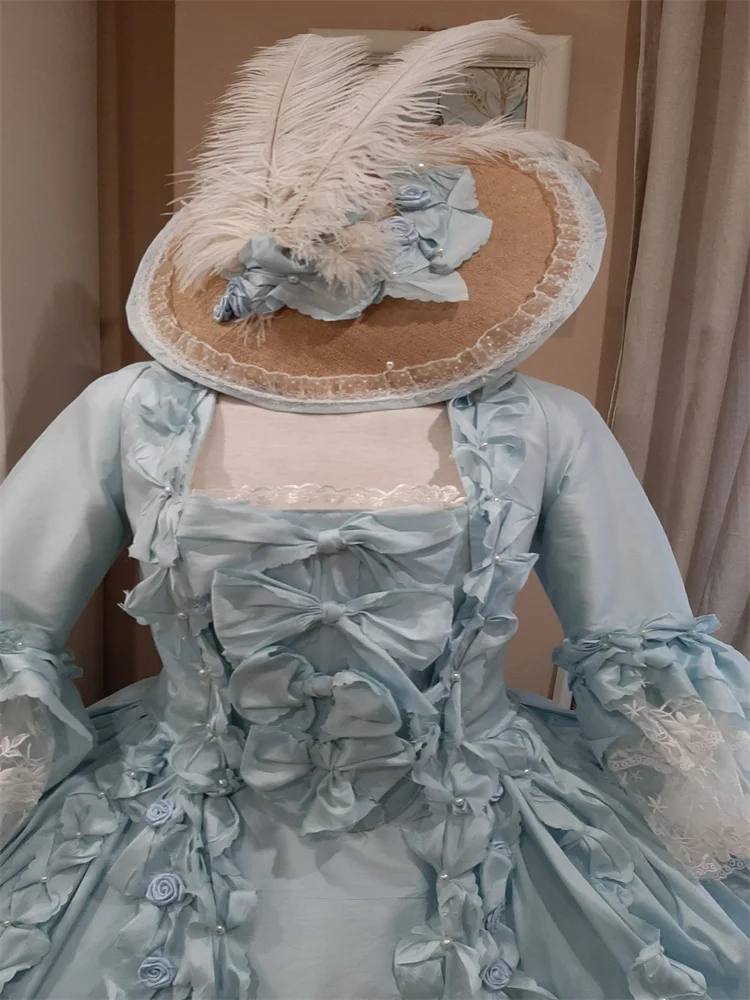 Fantasia vintage rococó azul do século 18, traje renascentista de baile, marie antoinette, vestido de baile barroco