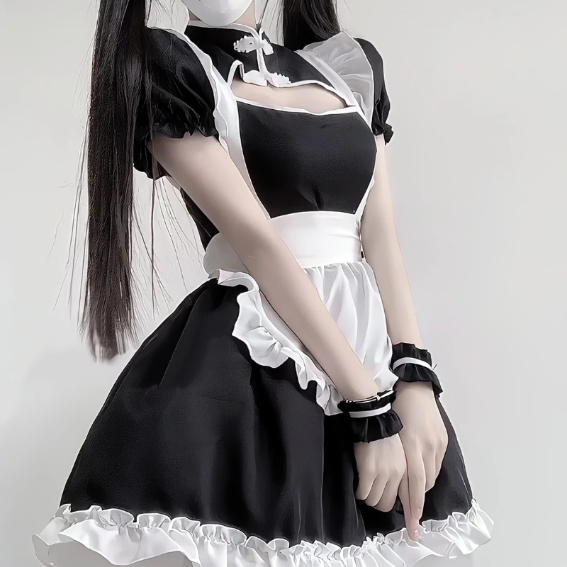 Black White Student Stage Party Waitress Roleplay Outfit Cute Cheongsam Chinese Qipao Dress Women Halloween Maid Cosplay Costume view 5