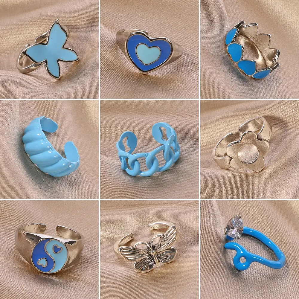 All-around Temperament Open Ring Jewelry Heart-shaped Butterfly Drop Oil Metal Ring 9-piece Set Of Blue