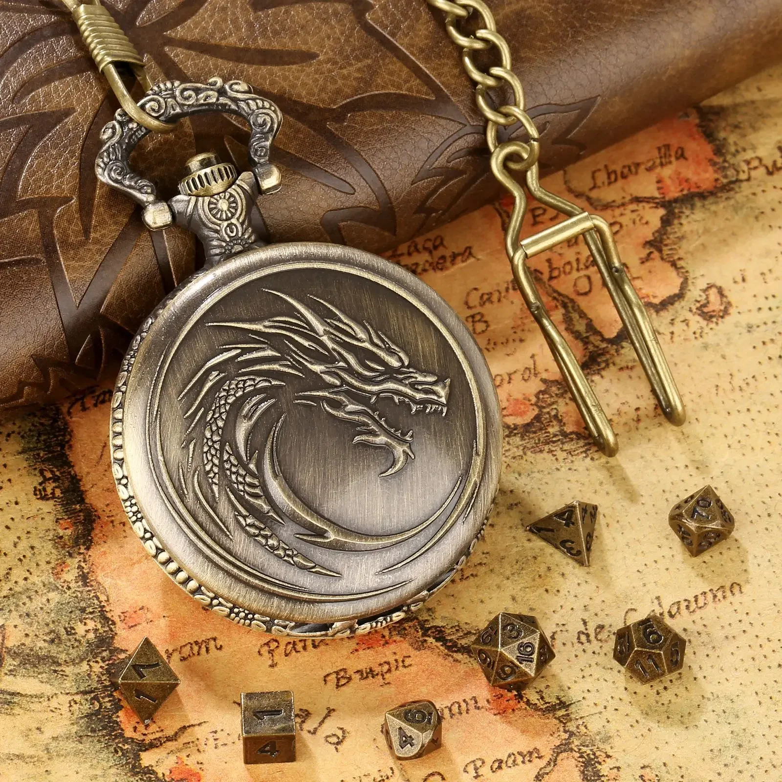 Dragon Head Pocket Watch Box DND Dice Jewelry Shell Retro Flip Curved Dragon Totem Pocket Watch Case 7pcs Polyhedral Metal Dices