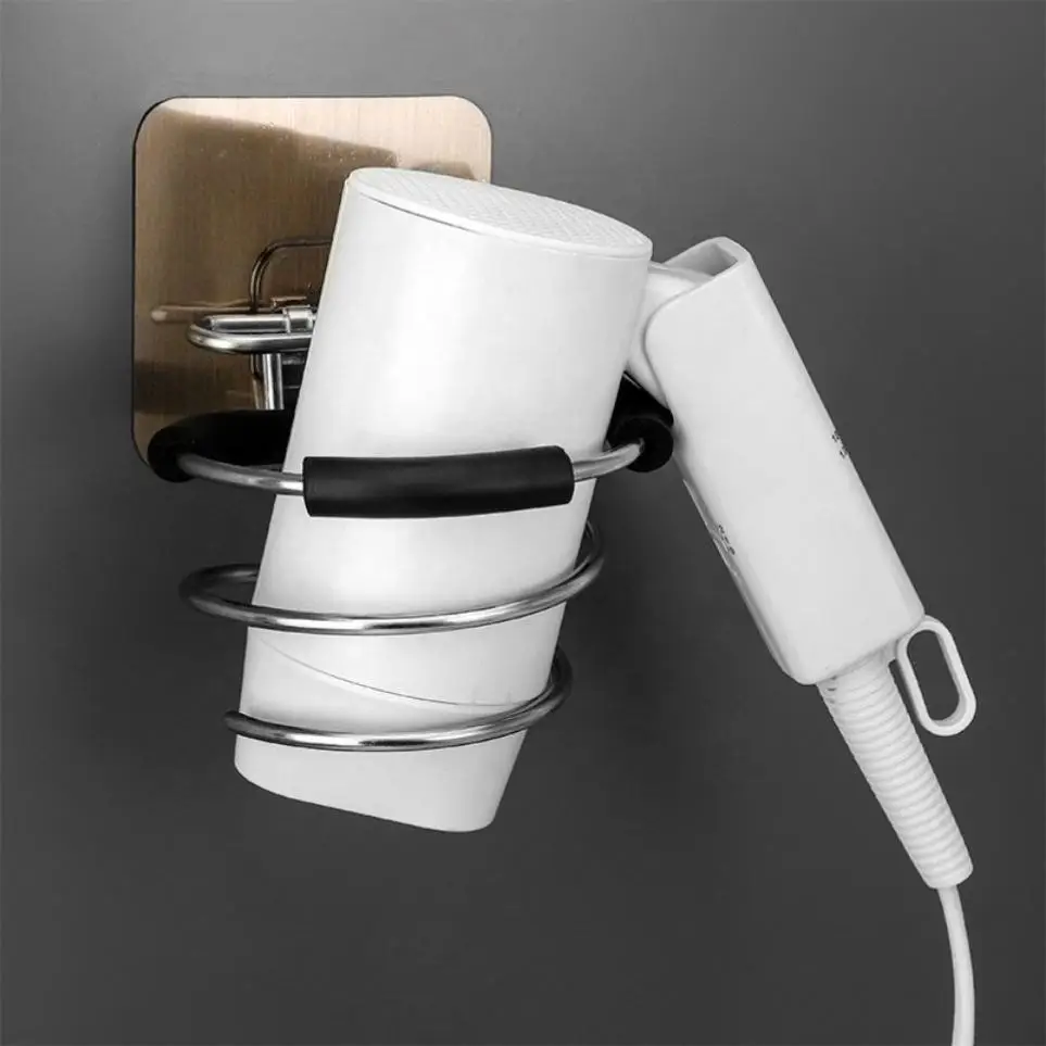 Non-Porous Wall-Mounted Stainless Steel Hairdryer Holder: Stylish Storage Shelf With Loop For Winding Rope