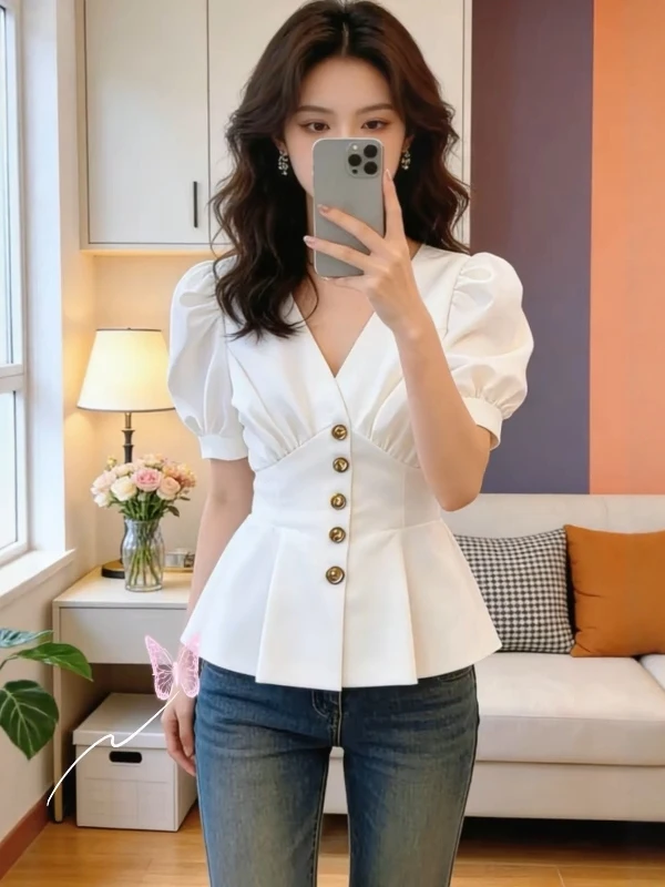 

Elegant V-Neck Short Sleeve Shirt Women's plus Size Slimming Top Fashionable Waist-Cinching Summer New Arrival