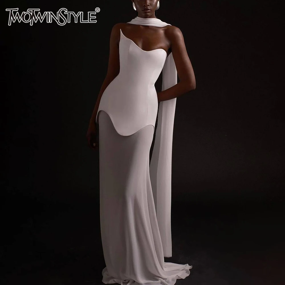 

TWOTWINSTYLE Detachable Scarf Dresses For Women Strapless Sleeveless High Waist Slimming Solid Sexy Dress Female Fashion Clothes