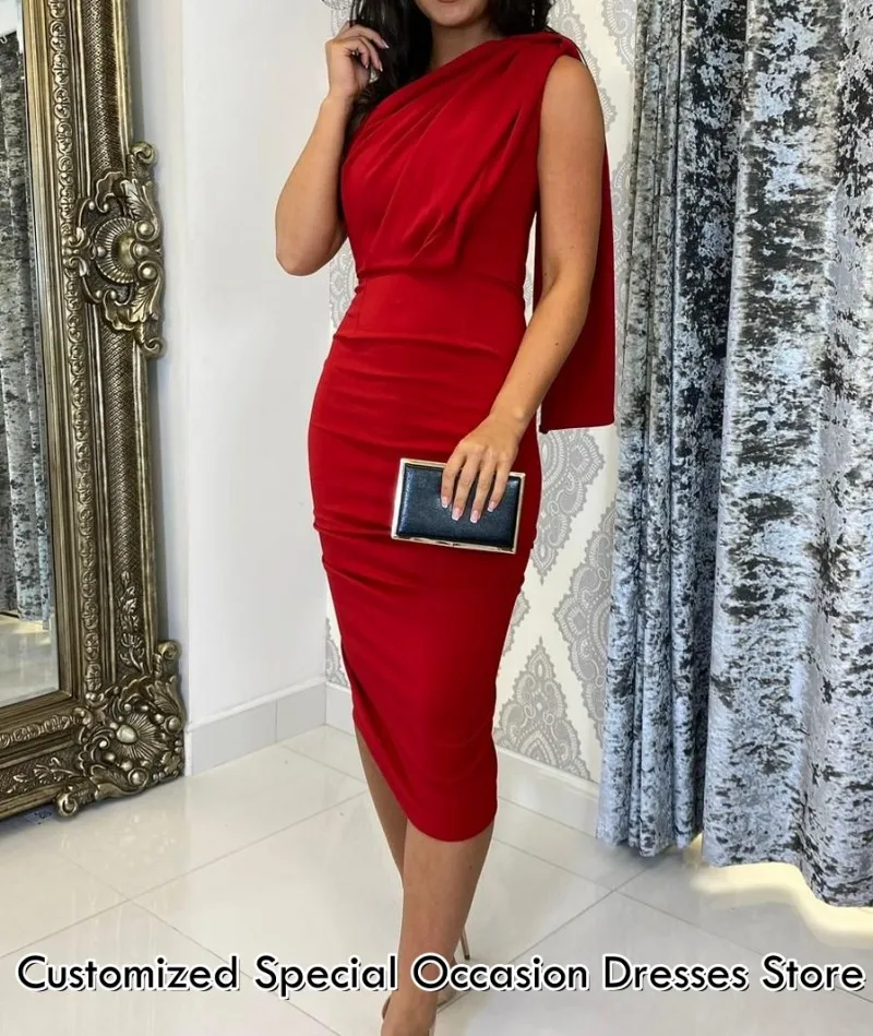 

Modern Red One Shoulder 2026 Mother Of the Bride Dress Elegant Tea-Length Evening Dresses Sleeveless Ruffle Sheath Customized
