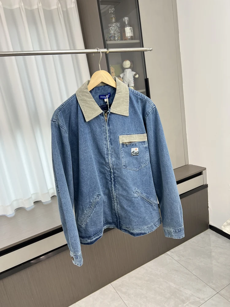 

Retro Waed Cotton Denim Jaet Men's Casual Collar Coat Vintage Sle Breathable Long Sve Faionable Urban Outfit