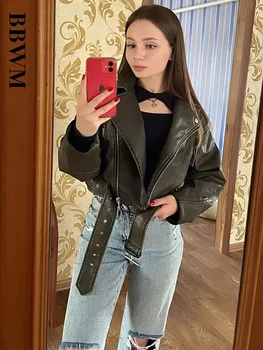 BBWM Women Oversized Vintage Loose Pu Faux Leather Short Jacket with Belt Streetwear Female Zipper Retro Moto Biker Coat Outwear 5