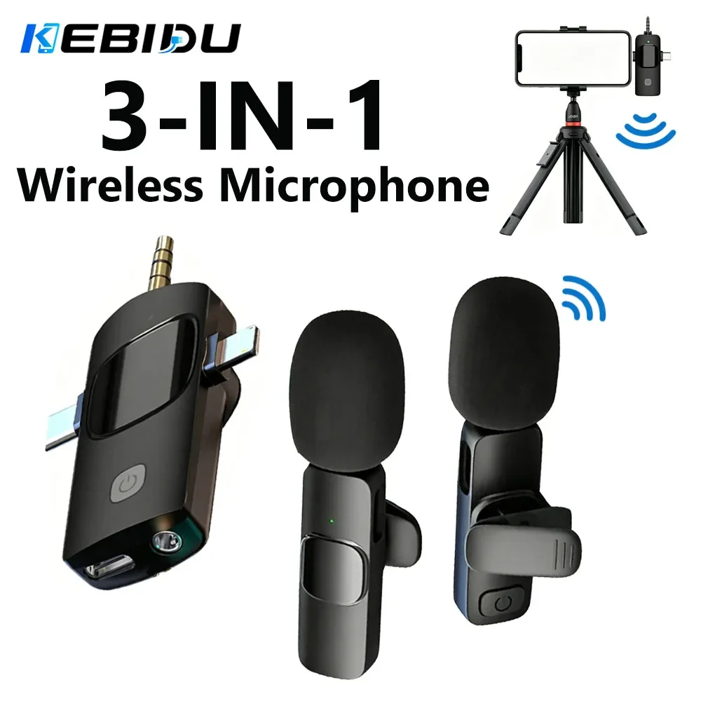 KEBIDU Wireless Lavalier Microphone 3 In 1 Mini Mic Noise Reduction Portable Audio Video Recording For Live Streaming Interview