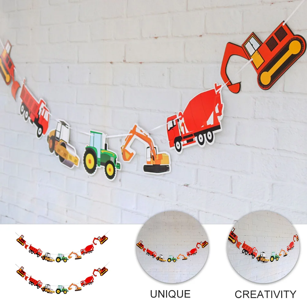 

2pcs Excavator Truck Banner Birthday Hanging String Flag For Party Wall Decoration Background Ornament Themed Celebration