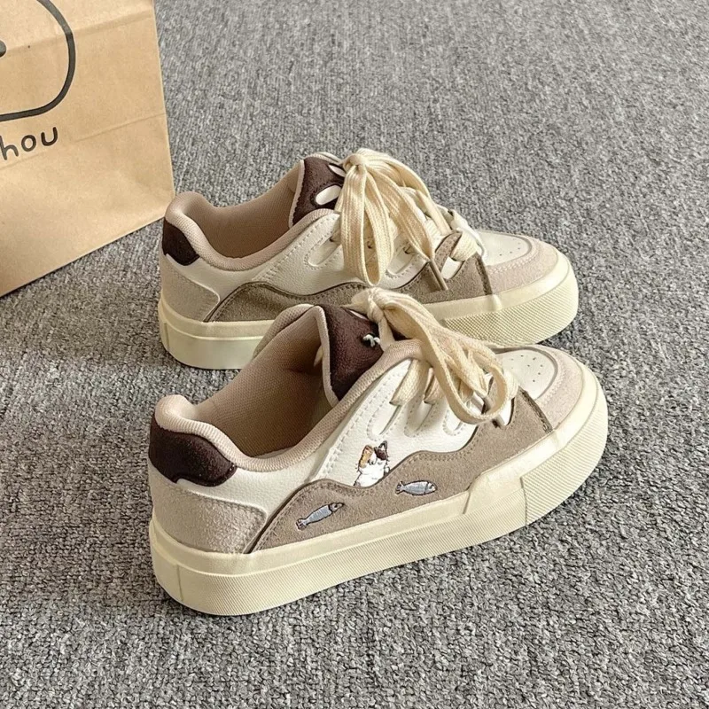 Fashion New Plaid Patchwork Cartoon Embroidery Tenis, Retro Lace Up Casual Zapatillas De Mujer,Daily Lightweight Sapato Feminino