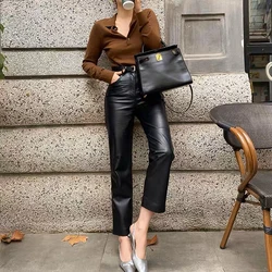 Genuine Leather Pants for Women High Waist Casual Pencil Pants Autumn Winter Ankle-Length Pants 2023 Chic Ladies Sheepskin Pants