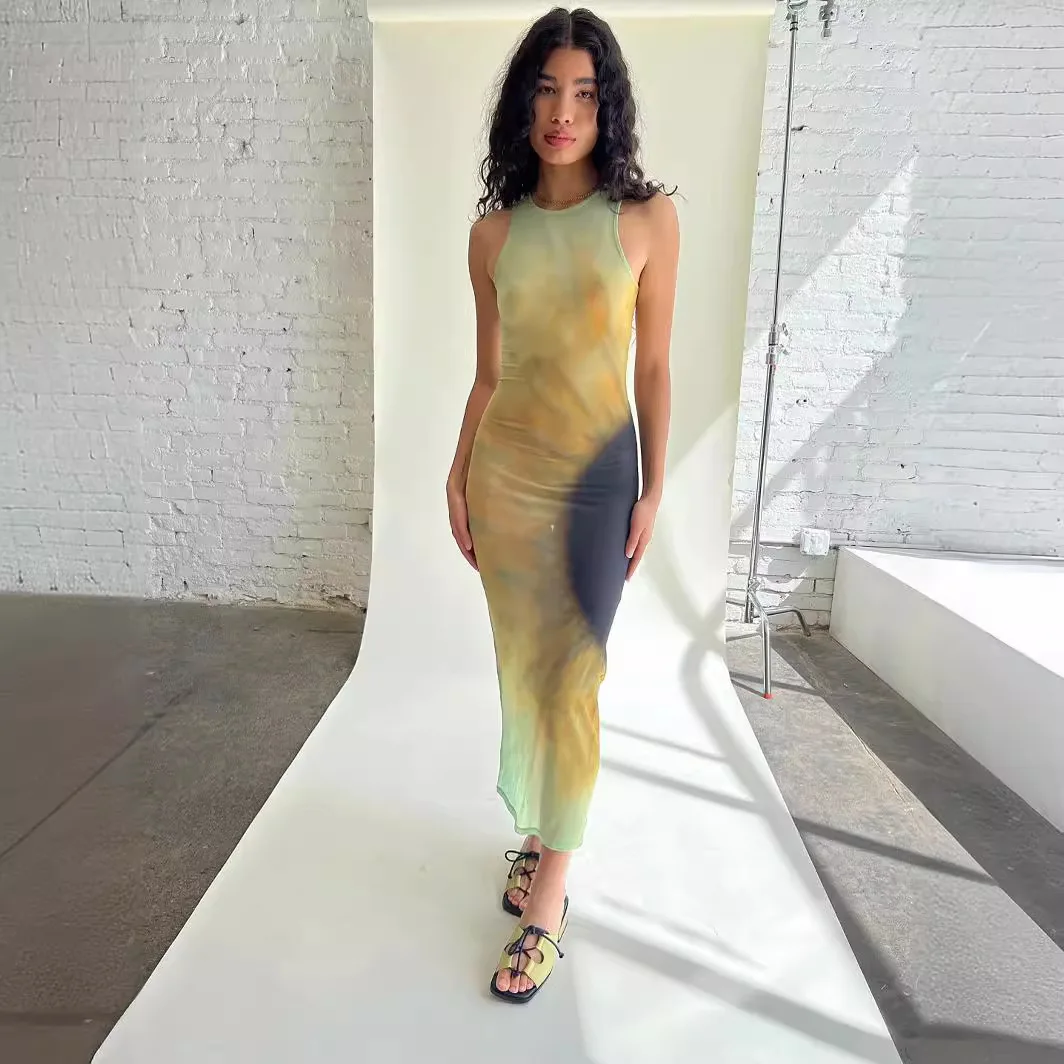 Robe maxi imprimée à effet nickel é de fibres semi-transparentes pour femmes, robe en maille pour tambours commandés, tenue de plage de vacances d'été