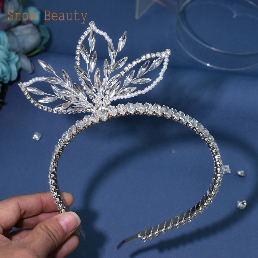 DZ064 Trendy Bridal Headband  Crystal Flower Headband Rhinestone Hairband Tiara for Women Handmade Pearl Bridal Headwear Gift