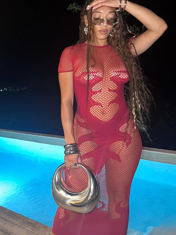 Abito patchwork in rete Donna Wild Flame Stampa O-Collo Manica corta Midnight Hottie Skinny Party Clubwear Lungo aderente