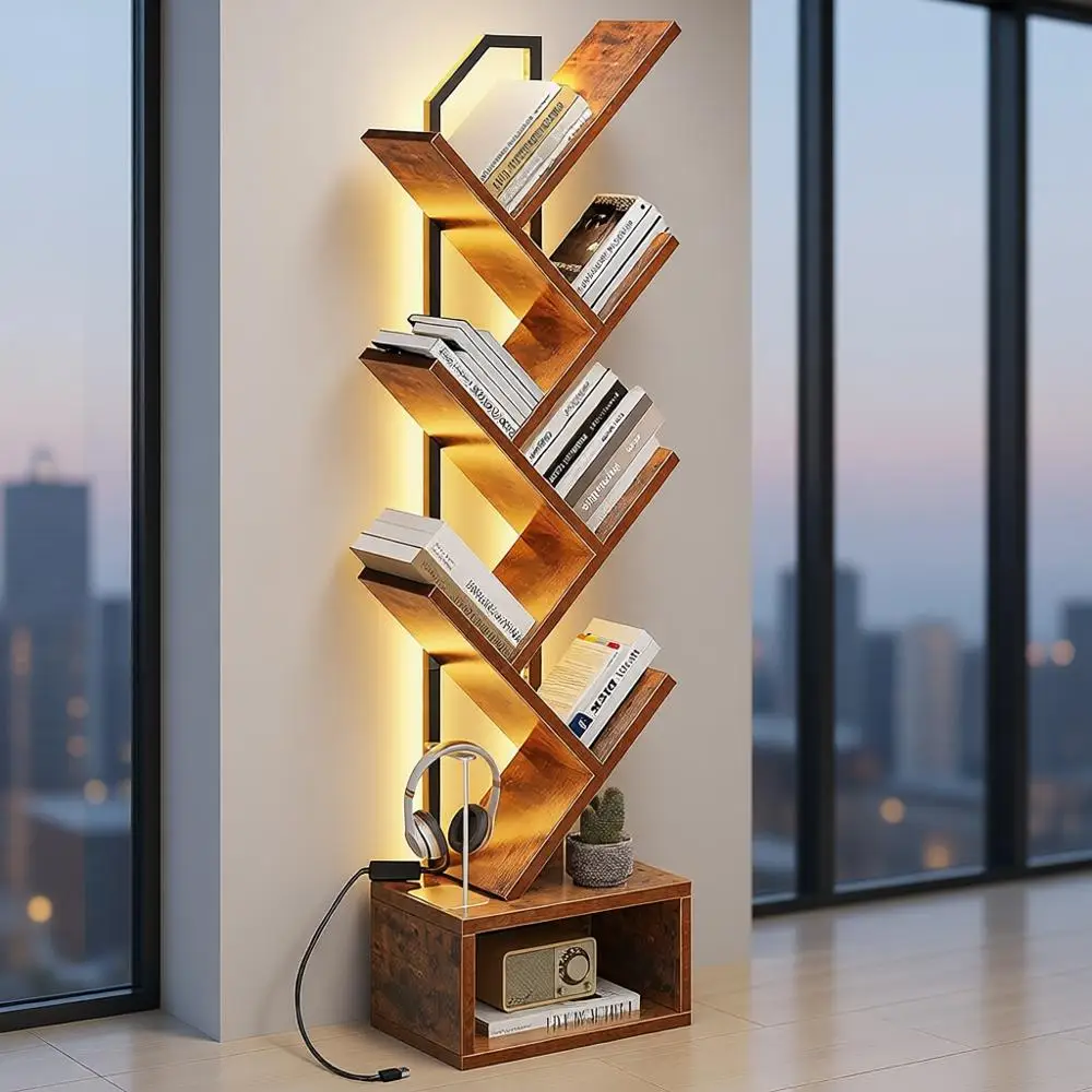 

6-Tier Tall Steel and Wood Bookshelf - Narrow Floor Standing Bookcase Organizer for Home Decor, Vintage Style, Living Room, Bedr