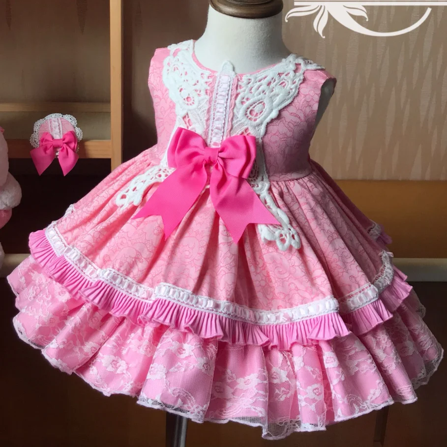 Summer Baby Girl pink Cotton Vintage Spanish Princess Dress Lace stitching ball Gown  Birthday Party Dress