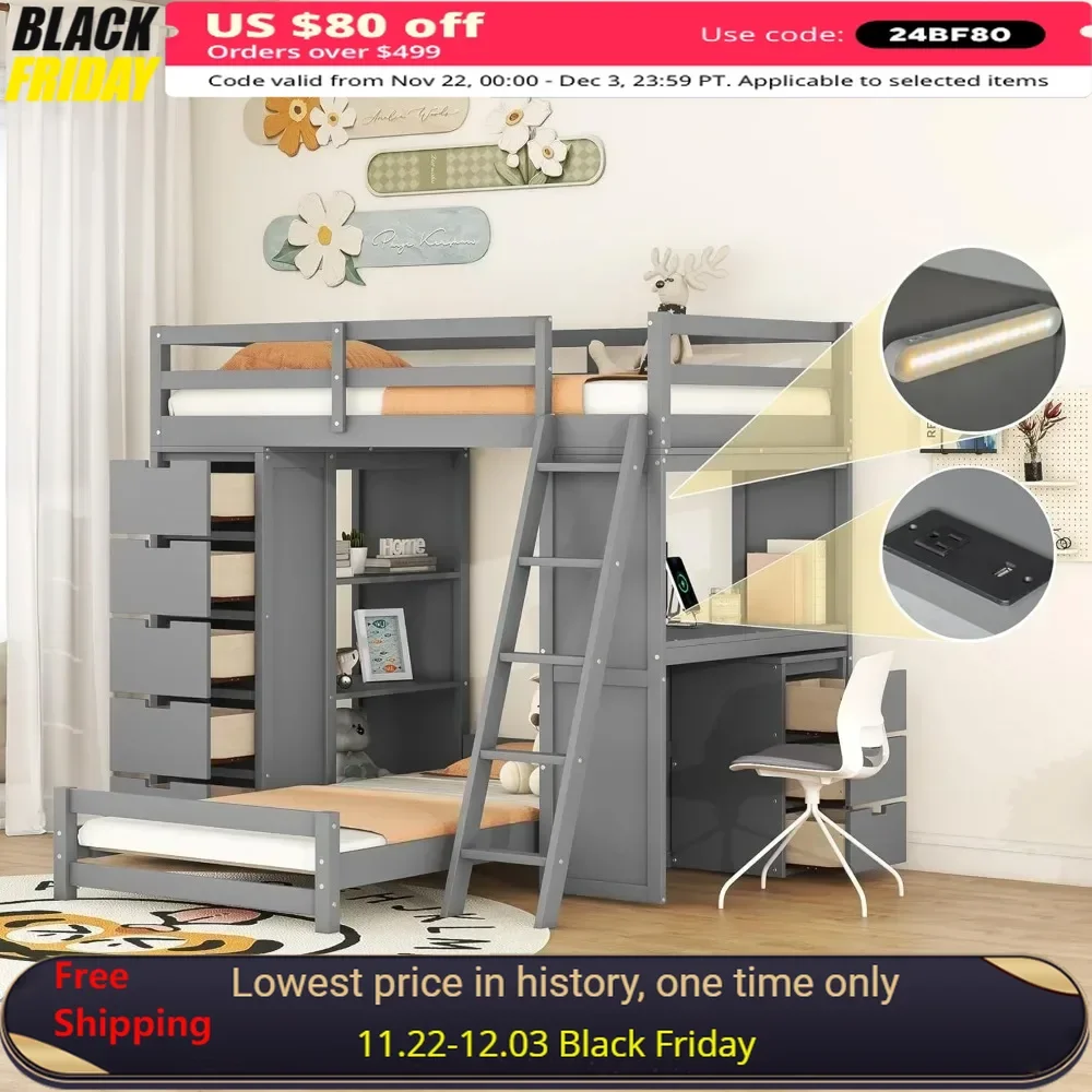 Bunk Beds with Storage,Twin,Desk,USB Ports and LED Light,L Shaped Bunk Bed for Kids,Teens,Adults,Wood Twin Loft Beds