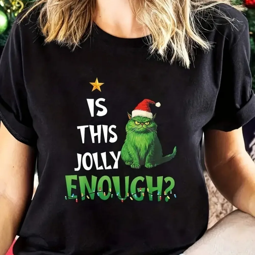 Funny Christmas T-Shirt IS THIS JOLLY ENOUGH Green Cat with Santa Graphic Tops Streetwear Camisetas Street Fashion Streetwear