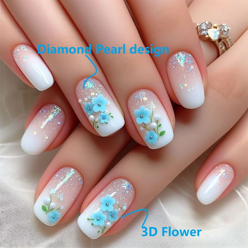 

3D Blue Flower Flash Nail Art False Nails Press on Nails Pearl Gradient Fake Nails Gradient Powder False Nails with Rhinestones
