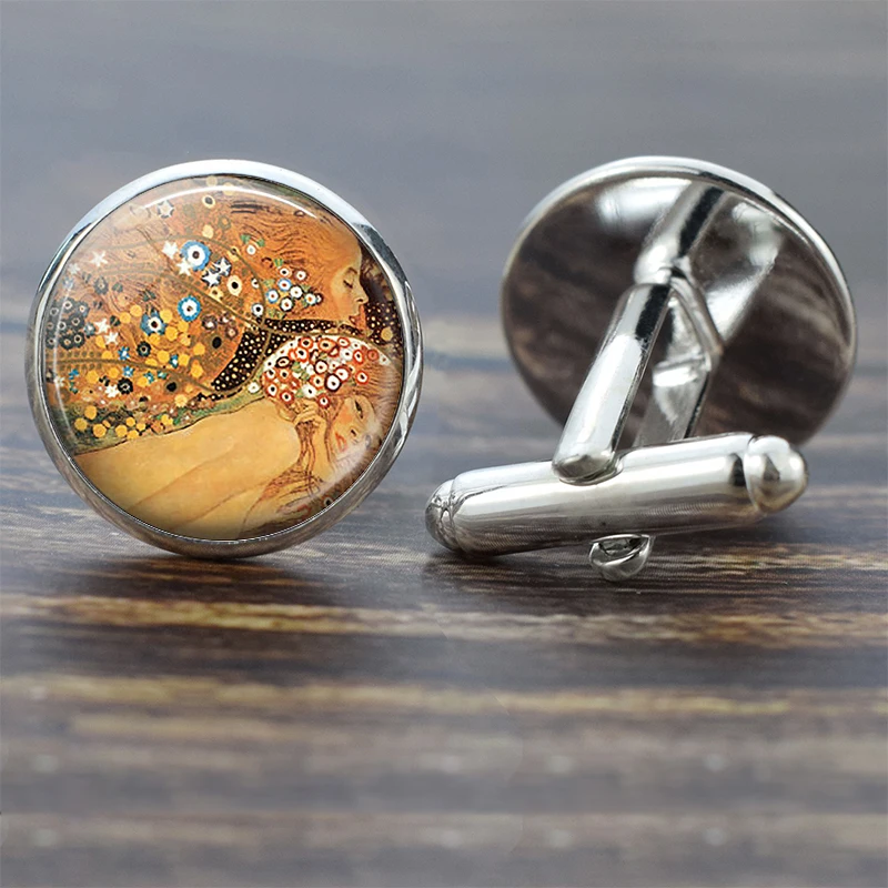 Klimt\'s Kiss Cufflinks Best Man Cufflinks Men Wedding Cufflink Art Oil Painting Klimt Suit Shirt Cuff Links Glass Jewelry