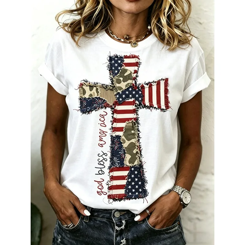 Ilstile 250th Anniversary Of The United States Flag Women's Print T-Shirts Summer O Neck Tops Short Sleeve Casual Cross Tees