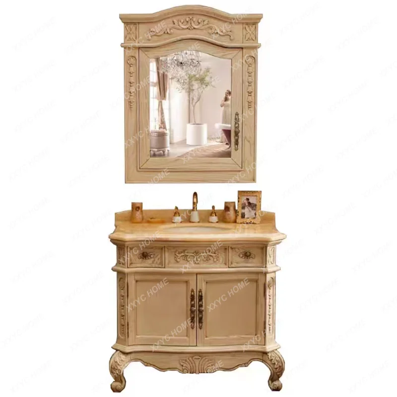 

European-Style Bathroom Cabinet Red Oak Antique Solid Wood American Bathroom Cabinet Bathroom Table Marble Wash Basin