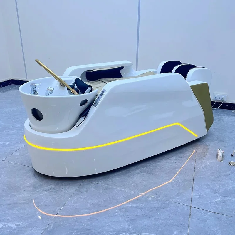 Thai Color Can Be Customized White Gold Shampoo Massage Bed with Manipulator Color Light Can Lie Flat Automatically