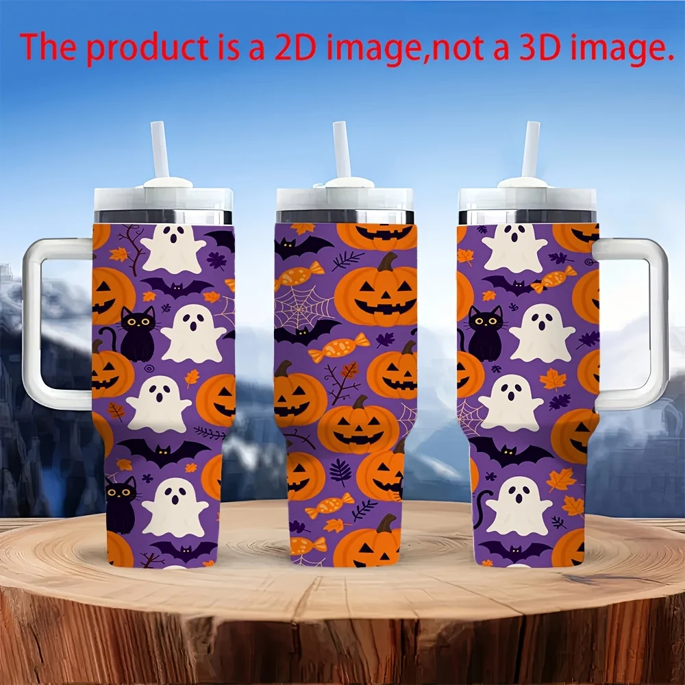 1ps Halloween And Christmas 40Oz Insulated Stainless Steel Tumbler with Handle And Straw, Cute Spooky Ghost Pumpkin Bat Candy Print Water Bottle, Reusable Coffee Cup for Home Office Outdoor Travel Halloween Party Daily Use