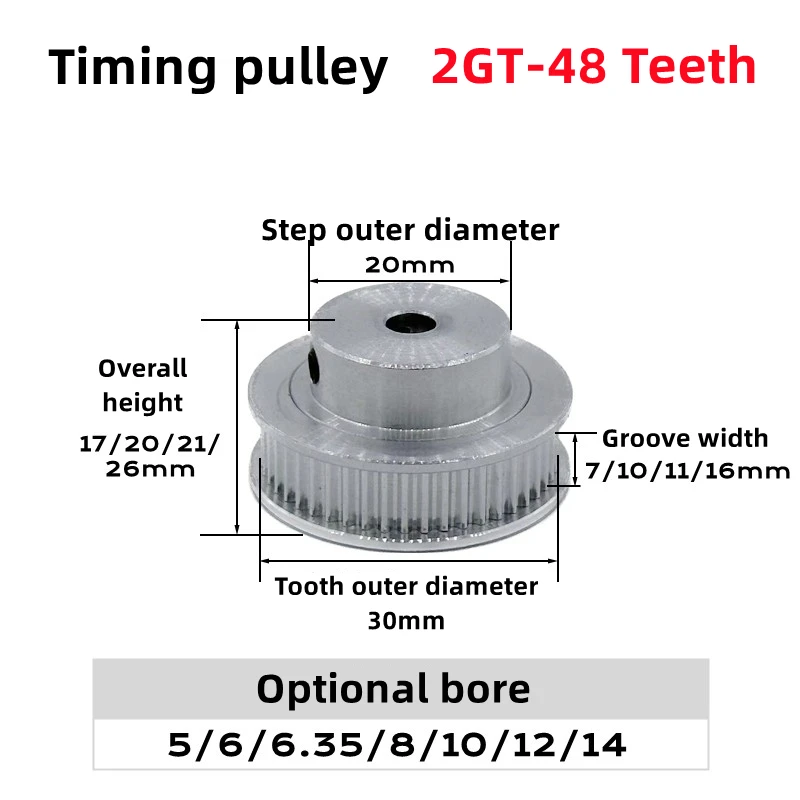 1Pcs 2GT Timing Pulley 48T 48Teeth Bore 5/6/6.35/8/10/12/14mm 48 Tooth Belt Width 6/10mm GT2 Timing Belt Pulley 3D Printer Parts