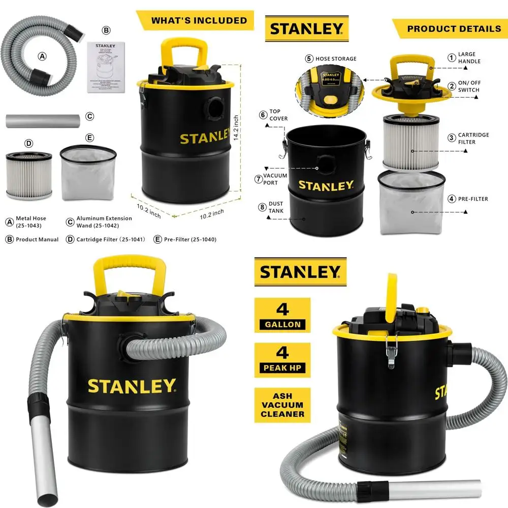 

Портативный пылесос для пепла на 4 галлона, двигатель мощностью 4 л.с., идеально подходит для очистки пеллет, барбекю, дровяных печей, каминов, костра — SL-1818