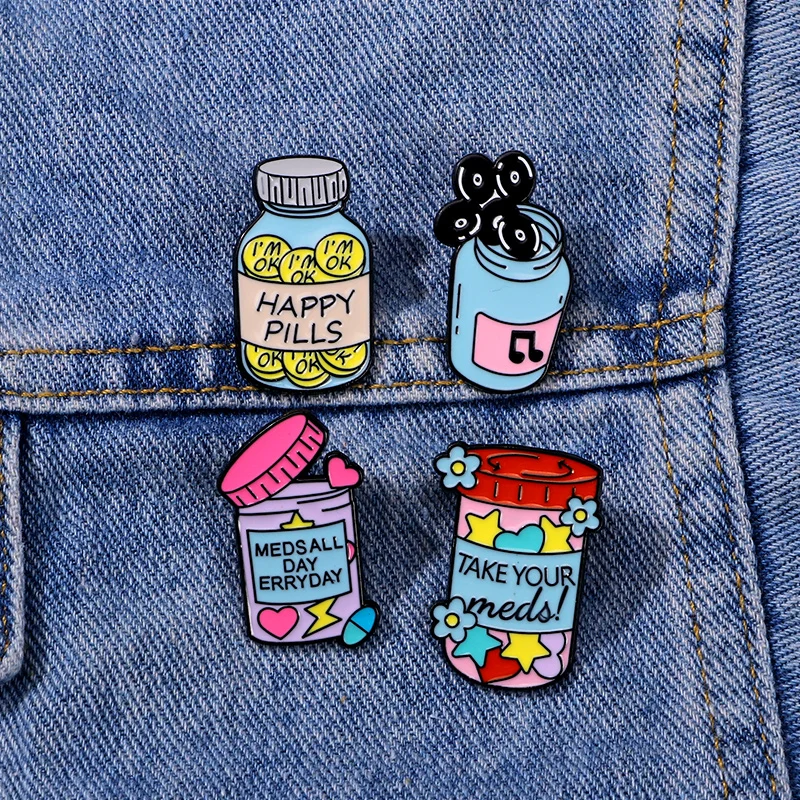 New Nice Design Pills Bottle Series Brooches I'm Ok Meds All Day Everyday Enamel Pins For Bag Backpack Clothes Badge