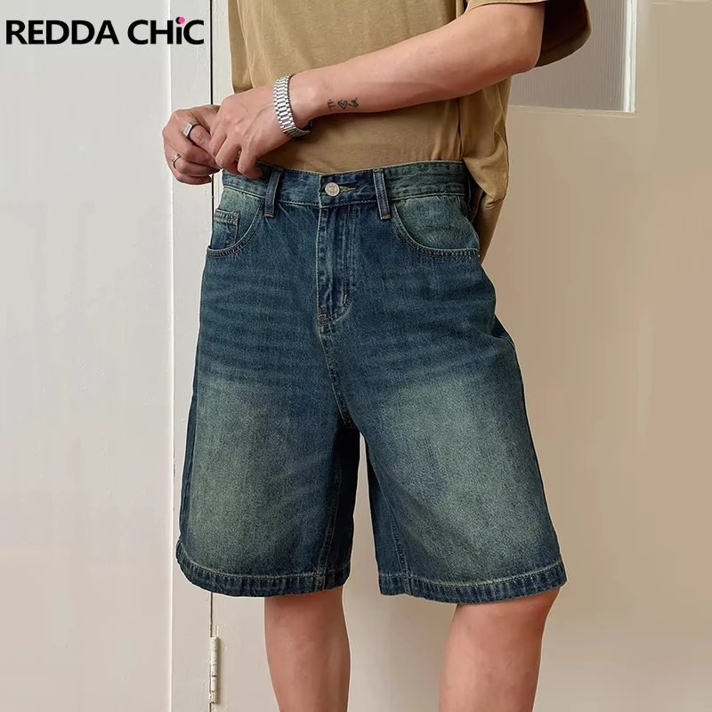 REDDACHIC Plus Size Men Whiskers Denim Shorts Plain Blue Brushed Vintage Wide Leg Casual Baggy Jeans Jorts Korean Summer Clothes