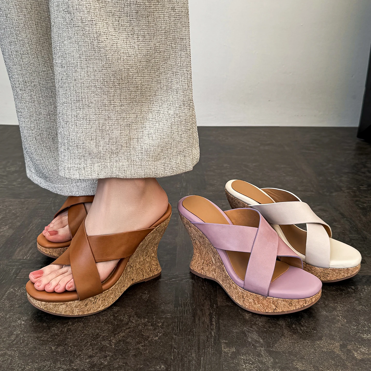 2026 new summer women sandals natural leather 22-25cm cowhide+pigskin cross-tied wedges high heel women slippers fashion