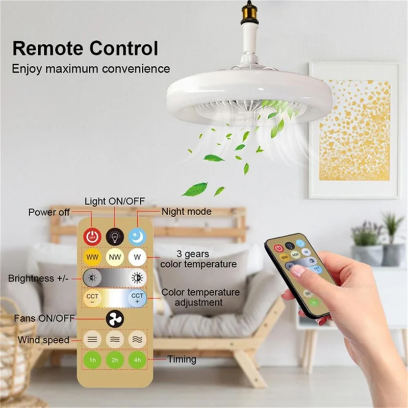 1Pc E27 Ceiling Fan Light with Remote Control 30W LED Adjustable Brightness 3 Color Light Dimming Ceiling Lamp Home Lighting Fan