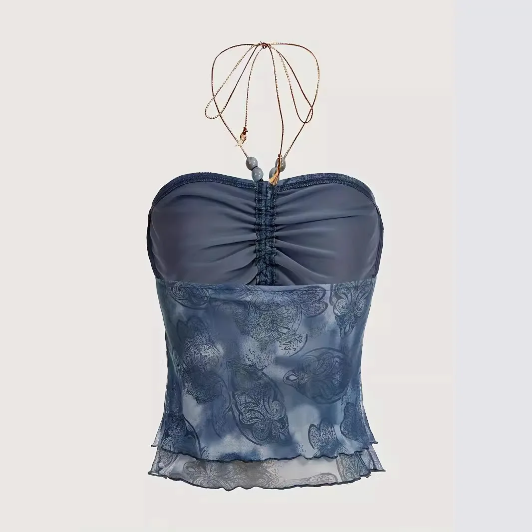 マーメイドタイダイプリーツサスペンダーイレギュラーヘムレースアップビーズ付きホルターネックバンドゥトップガール