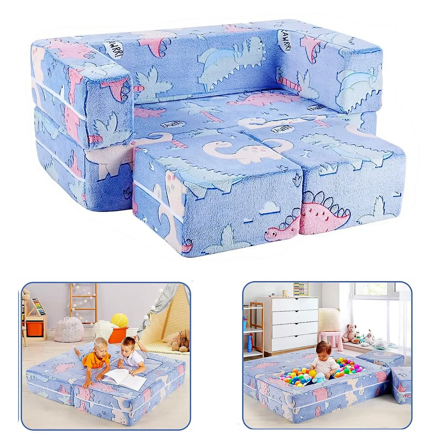 Kids Extra Wide Glow in The Dark Chairs for Toddler, 3-in-1 Toddler Soft Sherpa Couch Fold Out, Convertible Sofa to Lounger