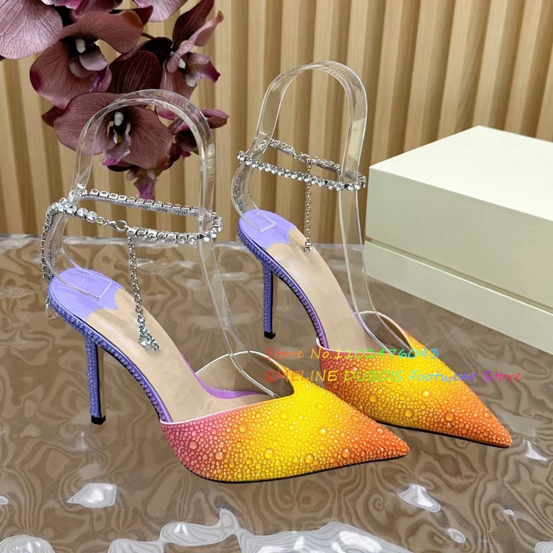 

Gradient Color Full Diamond High Heel Sandals Women Summer New Sexy Pointed Toe Bling Bling Stilettos Chain Ankle Strap Pumps