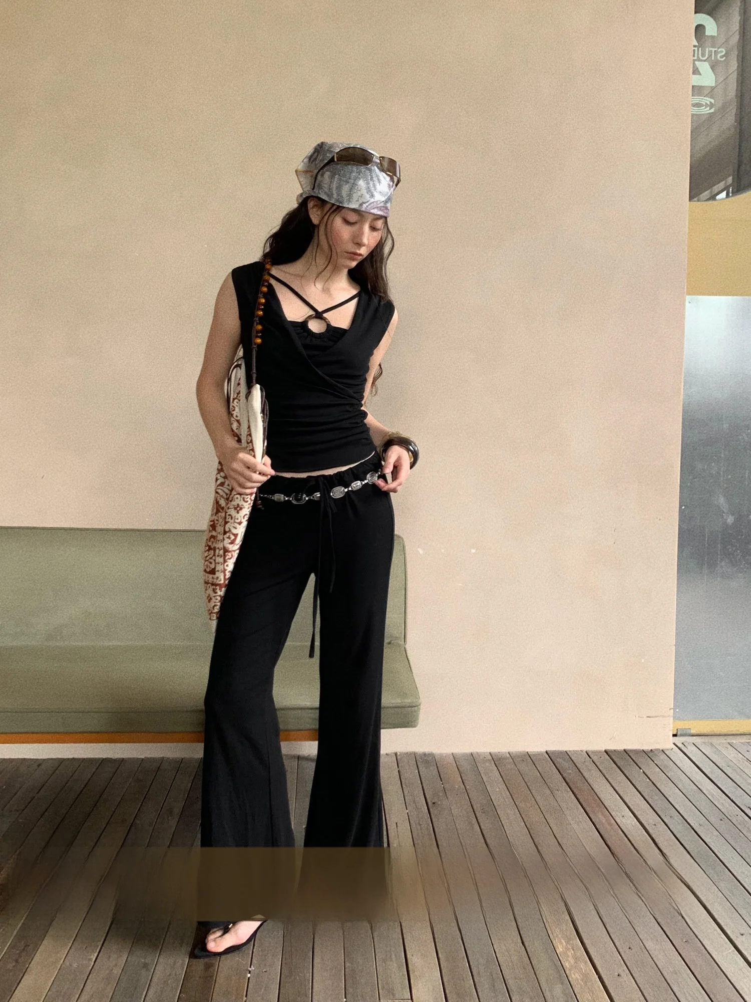 

Женские тонкие дышащие повседневные брюки-клеш с низкой талией, облегающие, с узлами, летние, модные, в корейском стиле, вязаные