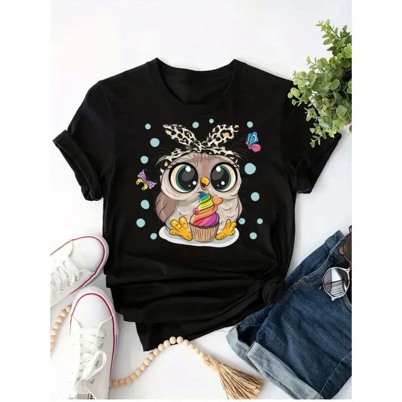 Print Women T Shirt Girl New Casual Funny Cartoon Owl T Shirt Lady Top Tee Summer Cool Refreshing Woman T-shirt Print Tee Shirts